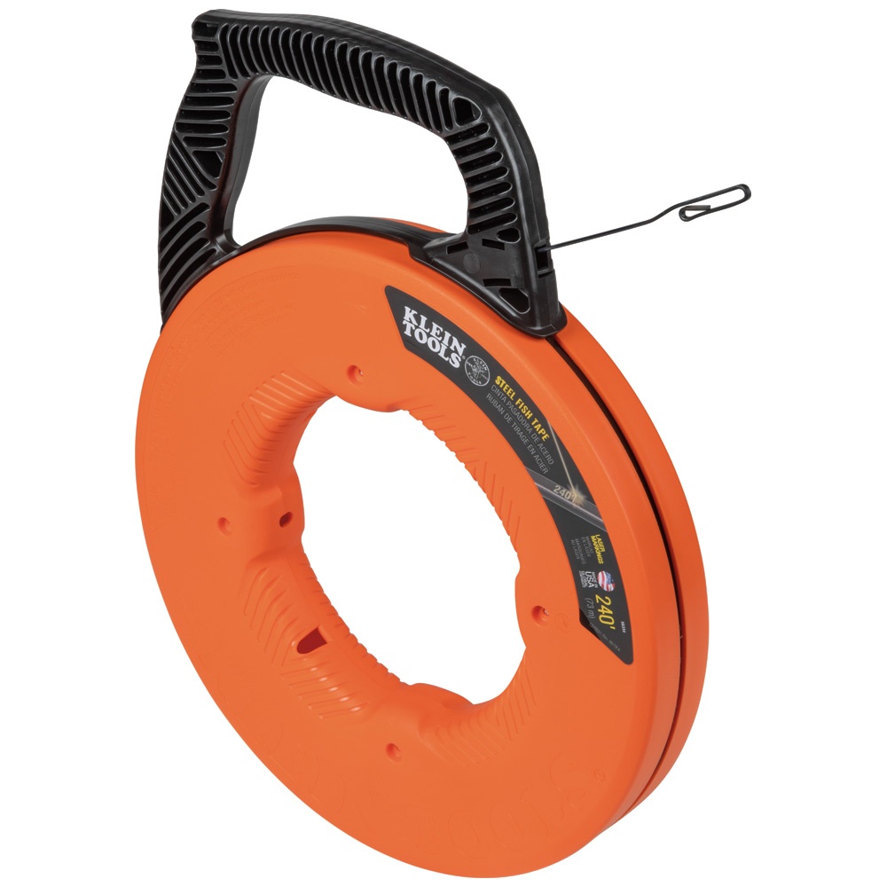 Klein® 56334 Double Loop Fish Tape, 0.125 in W x 0.062 in THK Tape, 240 ft L Tape, High Carbon Steel Tape, Black/Orange