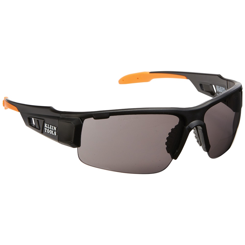 Klein® 60162 Professional Safety Eyewear, Anti-Fog/Scratch-Resistant, Gray Lens, Half-Frame Frame, Black/Orange, ABS/PC/Nylon Frame, Polycarbonate Lens, ANSI Z87.1+ (2015), CSA Z94.3 (2015), MIL-PRF-32432A (Class 1-Ballistics Fragmentation) Clause 3.8.4.1