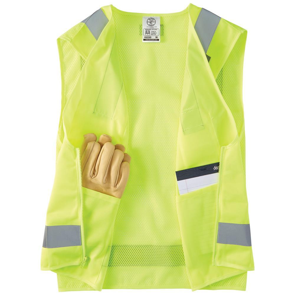Klein® 60268 Safety Vest, XL, Hi-Viz Yellow, Polyester, Front Zipper Closure, 8 Pockets, ANSI Class: Type R Class 2, ANSI/ISEA 107-2015