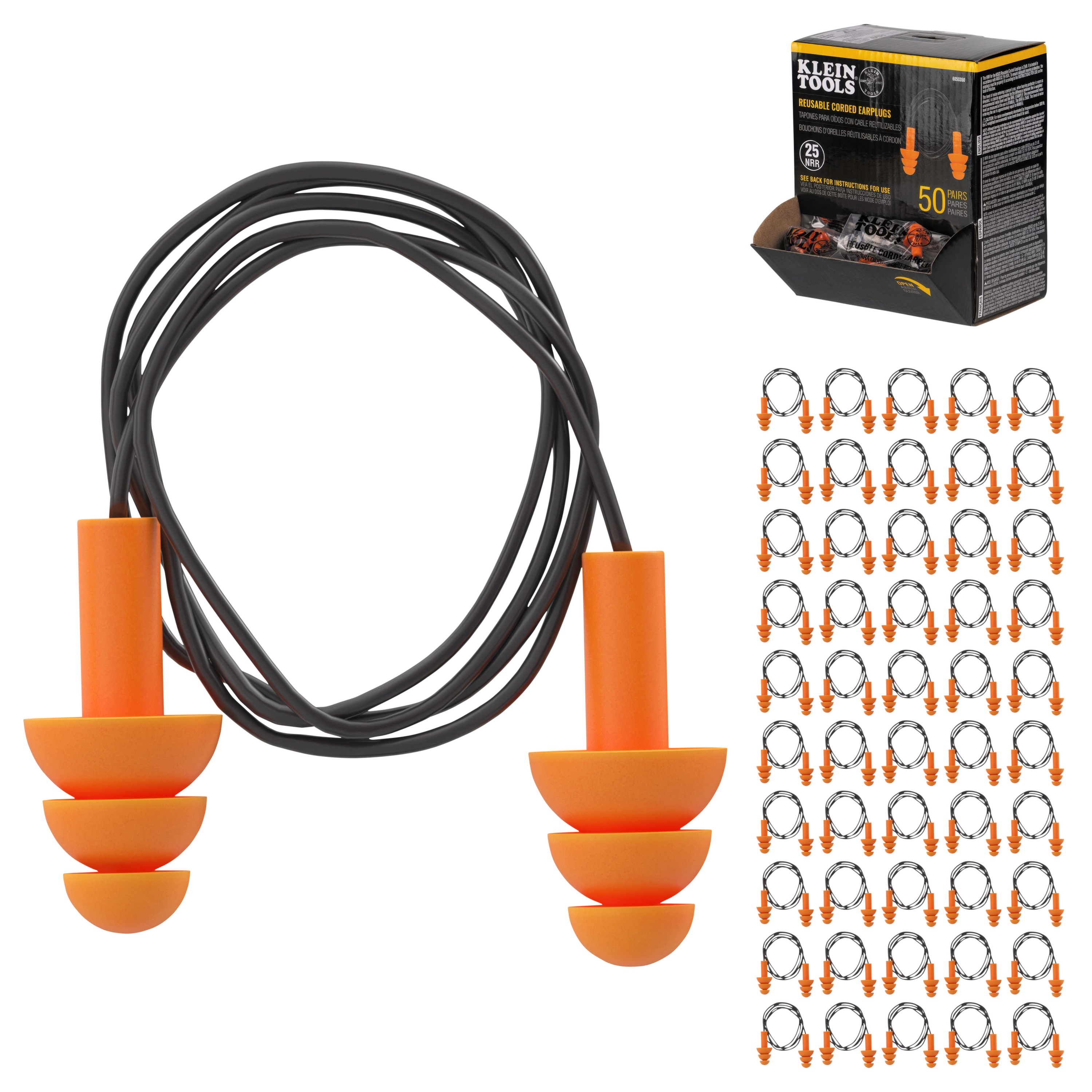 Klein® 6050350 Earplugs, 25 dB Noise Reduction, Triple Flange Shape, Reusable, Corded Design