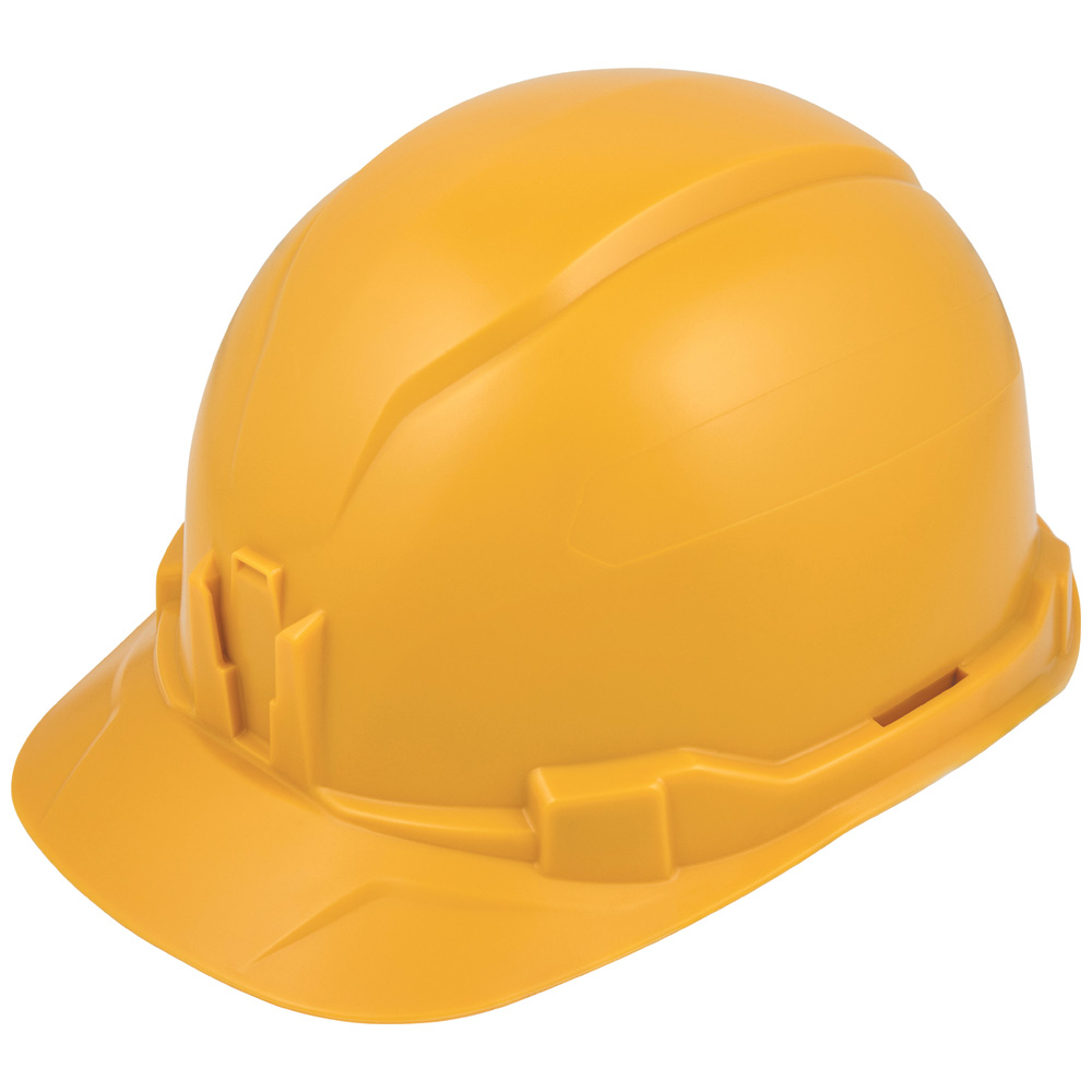 Klein® 60535 Non-Vented Type 1 Hard Hat, 6-1/2 Fits Mini Hat, 8 Fits Max Hat, PC/ABS, 4-Point Ratchet Suspension, ANSI Electrical Class Rating: Class E, ANSI Impact Rating: ANSI Z89.1-2014, Ratchet with Pivot Adjustment