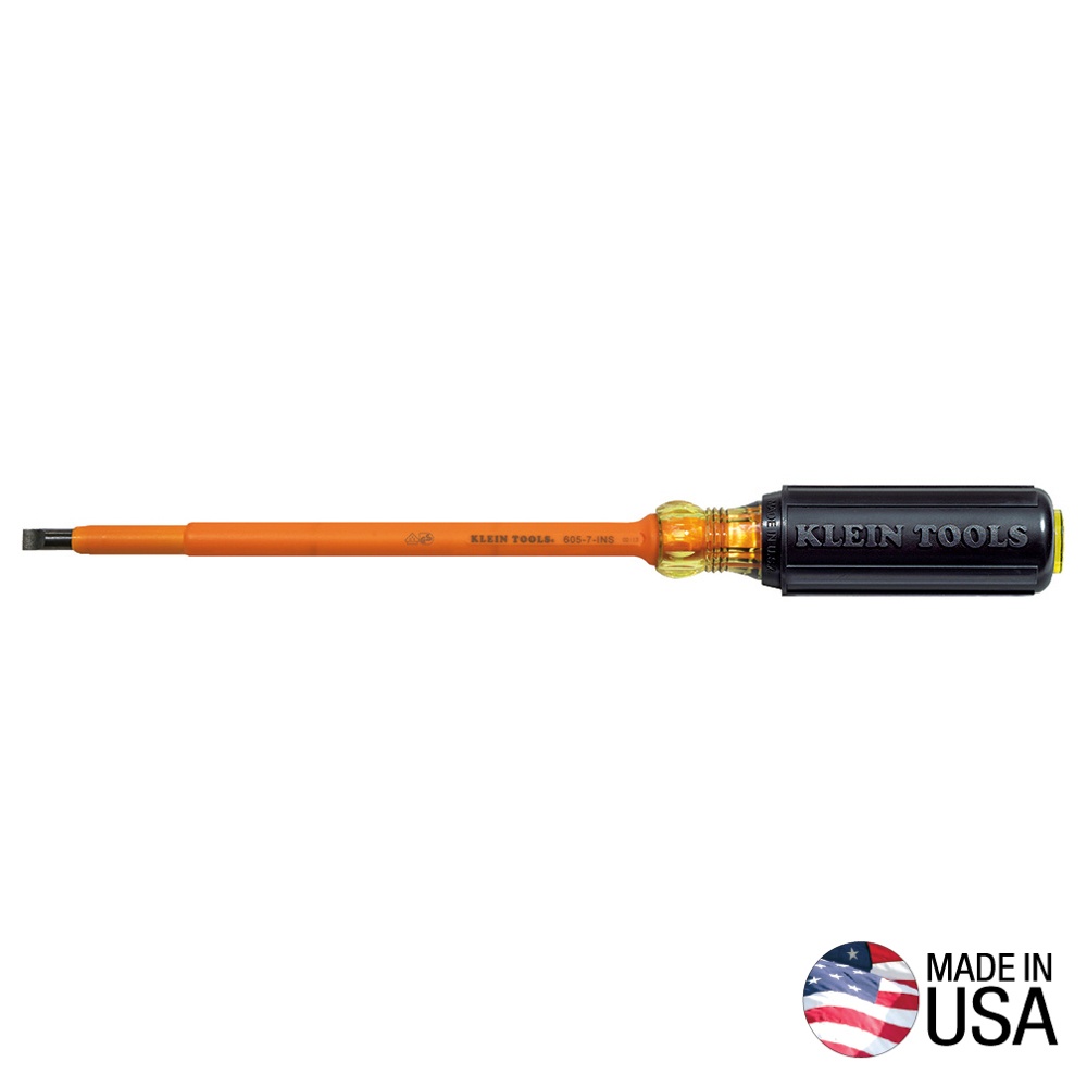 Klein® 605-7-INS Screwdriver, 1/4 in Cabinet Point, 11.313 in OAL, Plastic Handle, Black Oxide, ASTM F1505