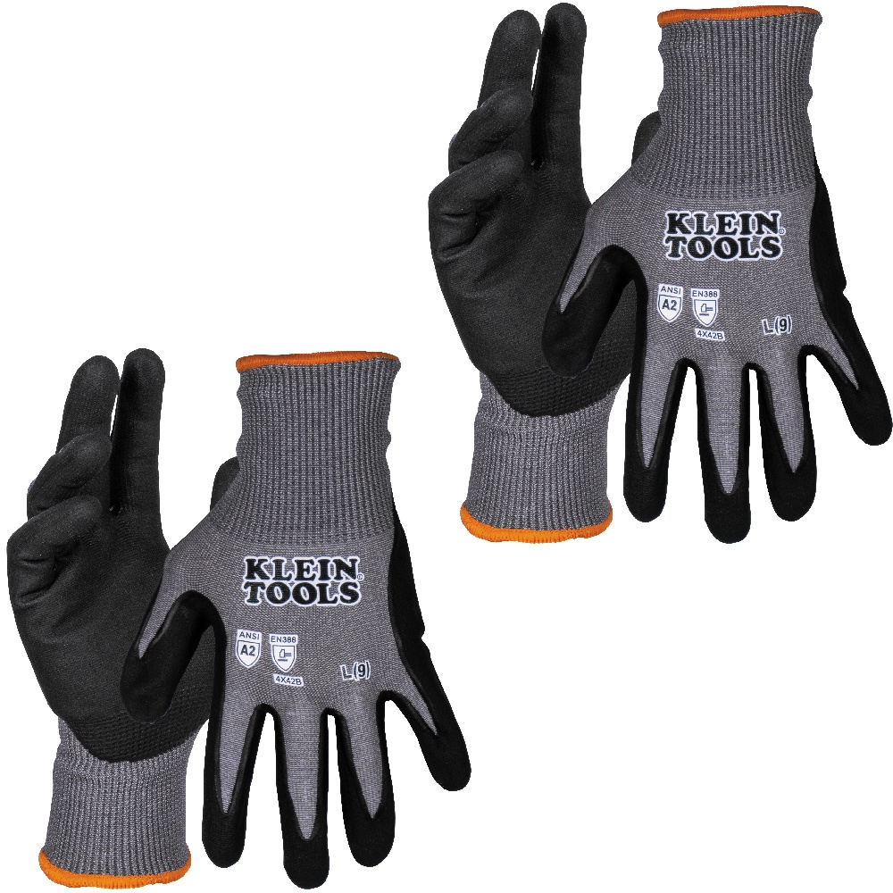 Klein® 60585 Powdered Touchscreen Capable Unisex Knit Dipped Gloves, L, Microfoam Nitrile Coating, HPPE, Knit Wrist Cuff, Resists: Cut, ANSI Cut-Resistance Level: 2, Pair Hand