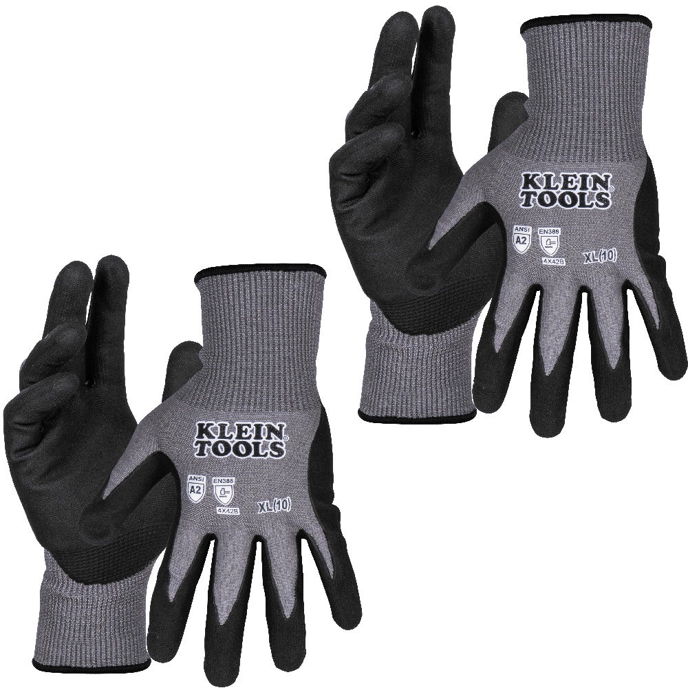 Klein® 60586 Powdered Touchscreen Capable Unisex Knit Dipped Gloves, XL, Microfoam Nitrile Coating, HPPE, Knit Wrist Cuff, Resists: Cut, ANSI Cut-Resistance Level: 2, Pair Hand