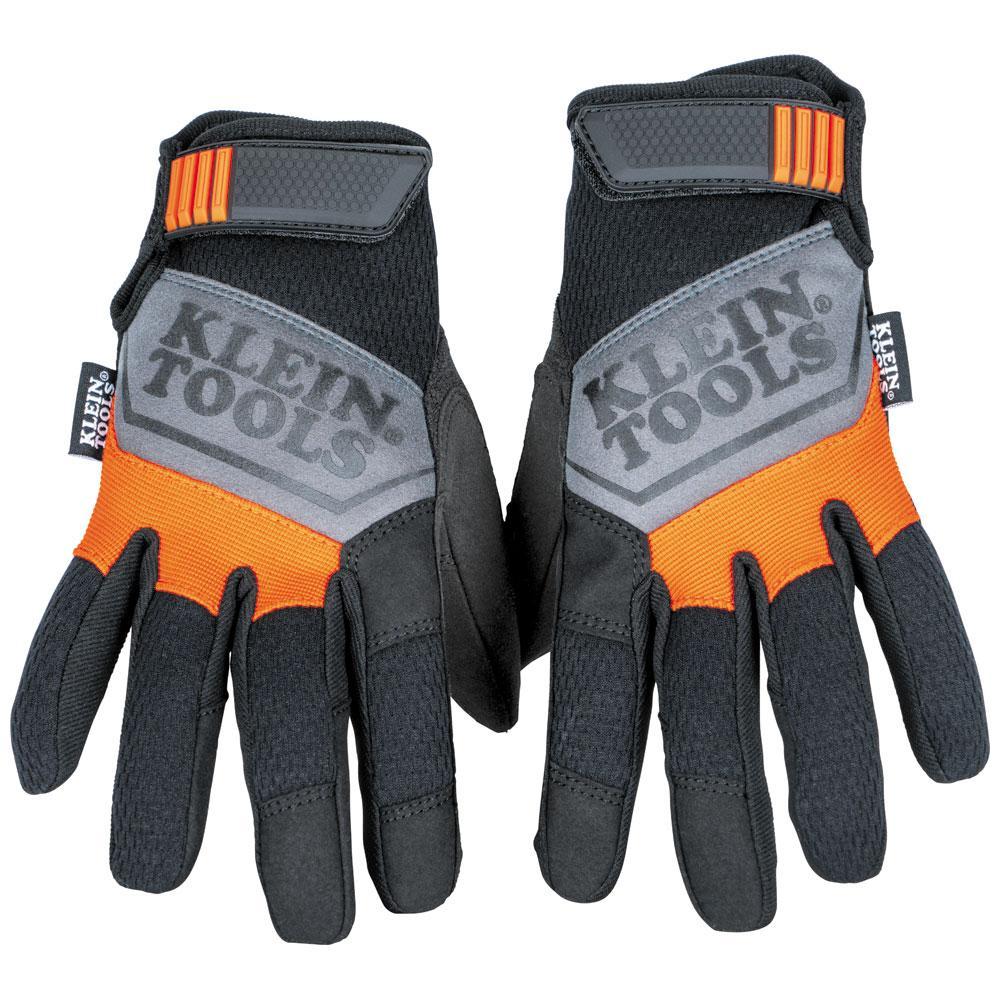 Klein® 60596 Breathable Gloves, Work, Touchscreen Style, Suede Palm, Spandex/Suede, Black/Orange/Gray, Adjustable Cuff, Unlined Lining