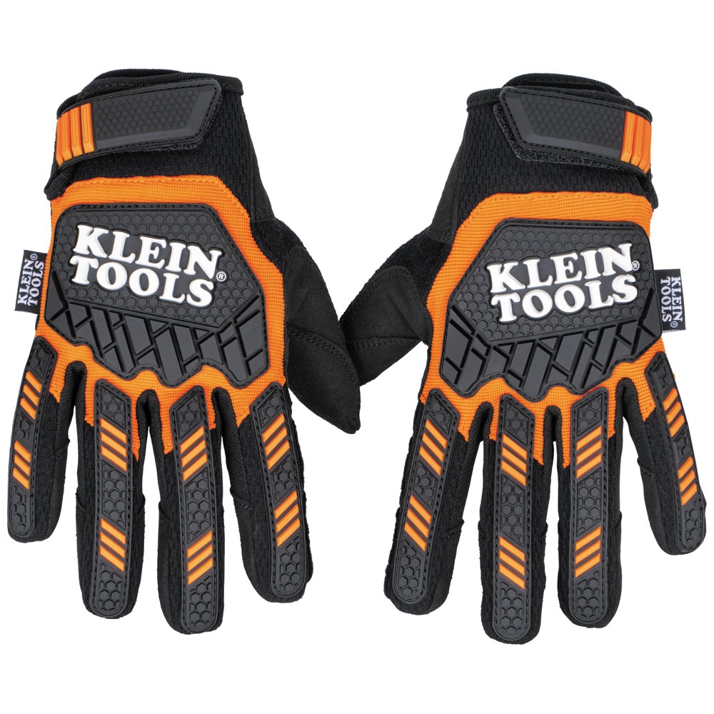 Klein® 60600 Heavy Duty Gloves, Touchscreen Style, Suede Palm, TPR, Black/Orange/White, Adjustable Cuff, Resists: Abrasion