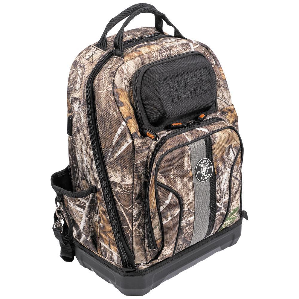 Klein® 62800BPCAMO 40-Pocket Tool Backpack, 1680d Ballistic Weave/Hard Molded Polypropylene, Black/Orange