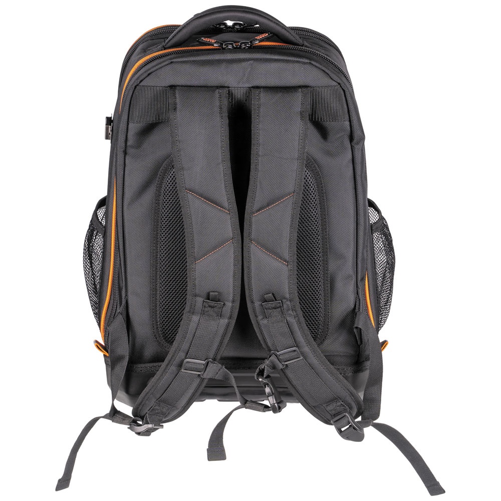 Klein® 62805BPTECH 28-Pocket Tool Backpack, 1680d Ballistic Weave/Hard Molded Polypropylene, Black/Orange