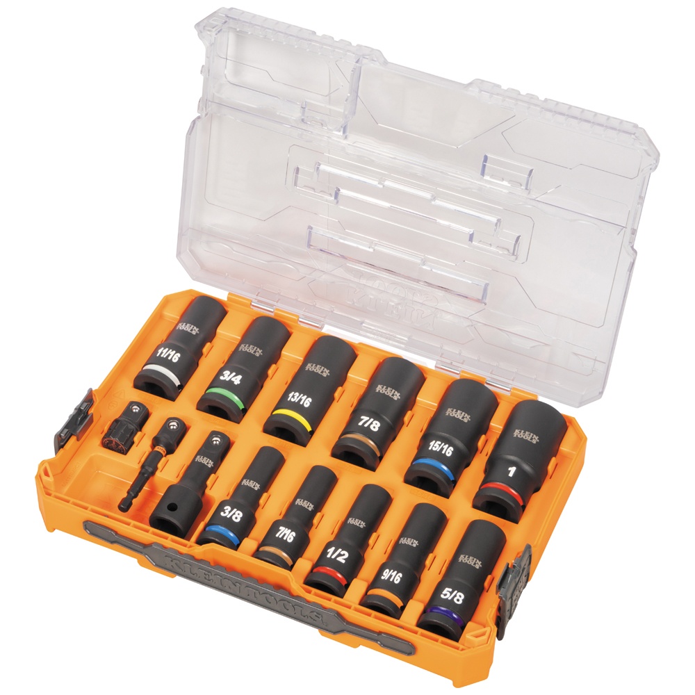 Klein® 65111IMPCT Socket Set, 6 Points, 1/2 in Drive, 14 Pieces, Included Socket Size: 3/8 in, 7/16 in, 1/2 in, 9/16 in, 5/8 in, 11/16 in, 3/4 in, 13/16 in, 7/8 in, 15/16 in, 1 in