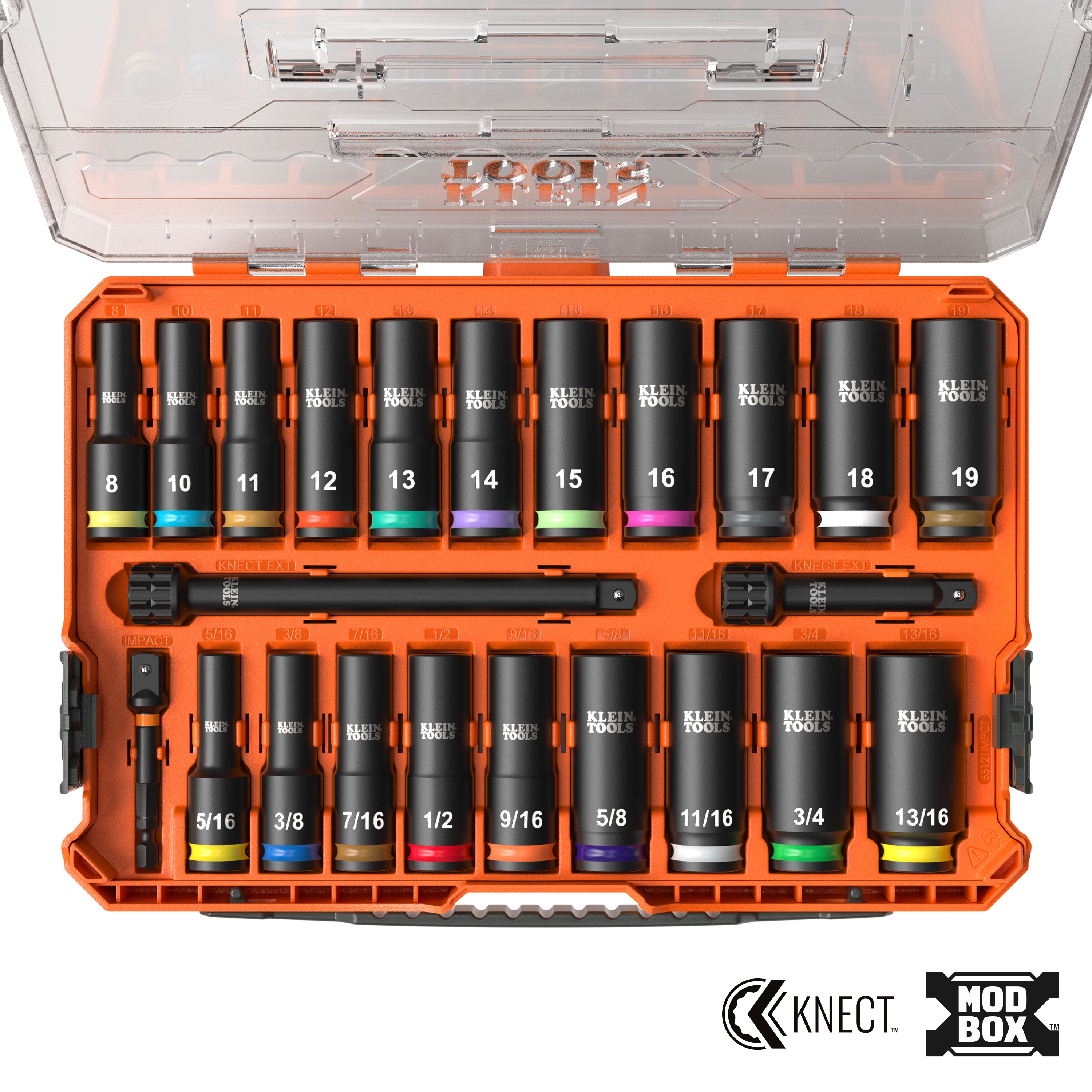 Klein® 65121IMPCT Socket Set, Metric, 6 Points, 3/8 in Drive, 23 Pieces, Included Socket Size: 5/16, 3/8, 7/16, 1/2, 9/16, 5/8, 11/16, 3/4, 13/16 in