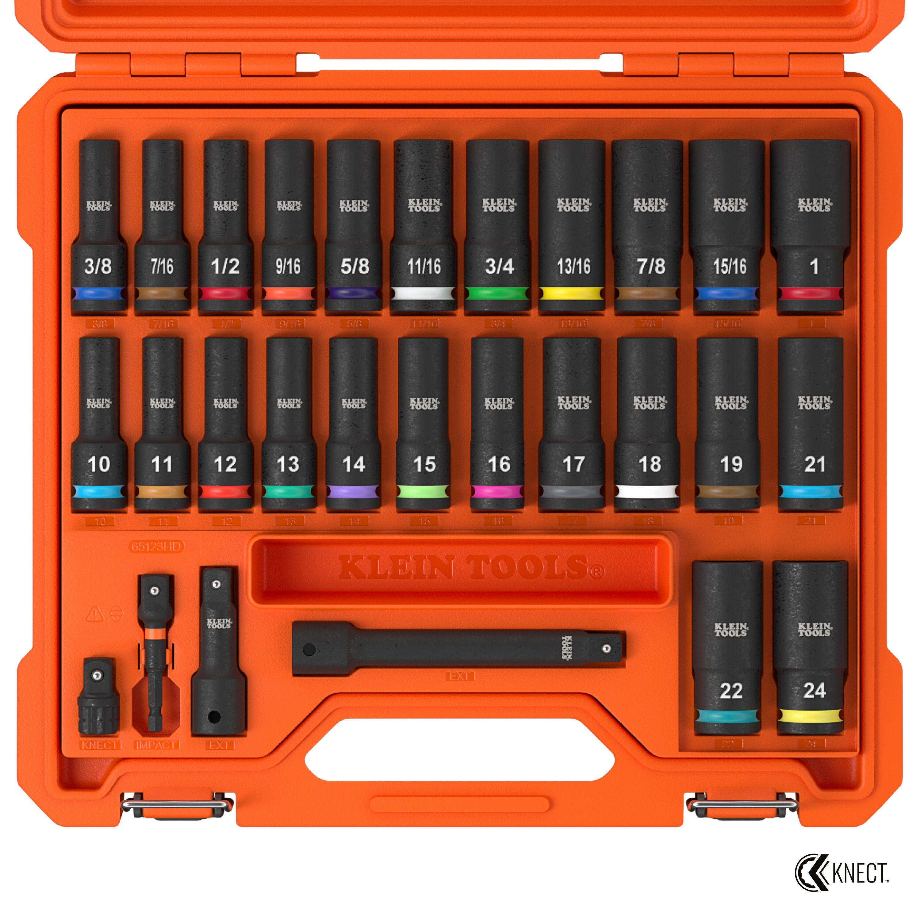 Klein® 65123HD Deep-Well Socket Set, Yes, Metric/SAE, B107.110, 6 Points, 1/2 in Drive, 28 Pieces, Hex, Included Socket Size: 3/8 in, 7/16 in, 1/2 in, 9/16 in, 5/8 in, 11/16 in, 3/4 in, 13/16 in, 7/8 in, 15/16 in, 1 in