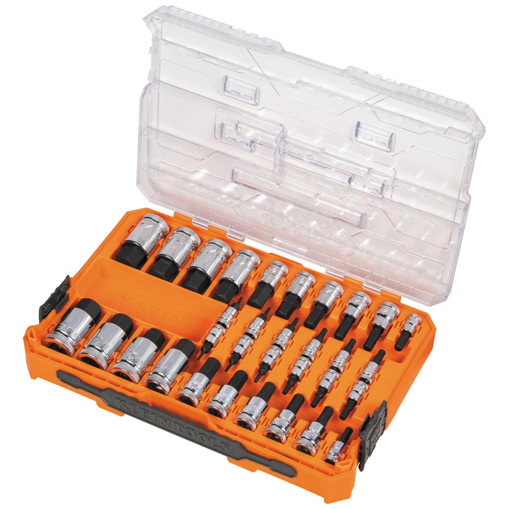 Klein® 65233HEX Socket Set, 6 Points, 1/4, 3/8, 1/2 in Drive, 32 Pieces, Included Socket Size: 5/64 in, 3/32 in, 1/8 in, 5/32 in, 3/16 in, 7/32 in, 1/4 in, 9/32 in, 5/16 in, 3/8 in, 7/16 in, 1/2 in, 9/16 in, 5/8 in, 11/16 in, 3/4 in