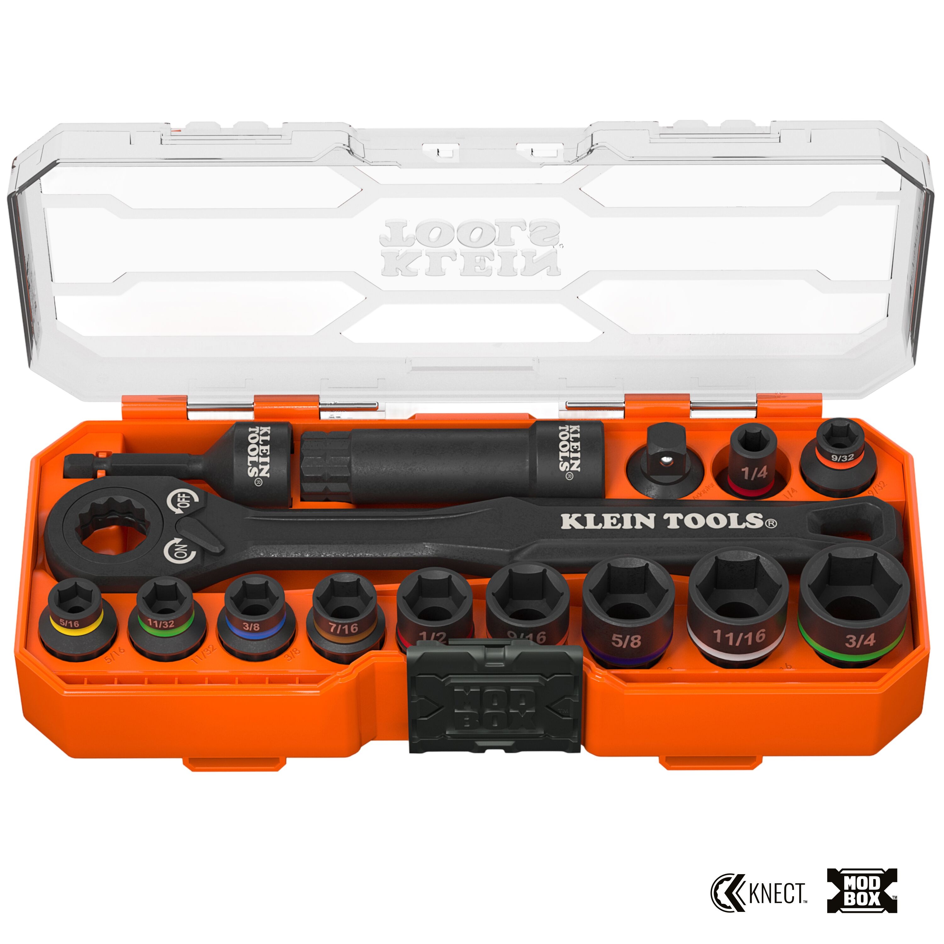 Klein® 65400 Socket Set, 6 Points, 3/8 in Drive, 15 Pieces, Included Socket Size: 1/4, 9/32, 5/16, 11/32, 3/8, 7/16, 1/2, 9/16, 5/8, 11/16, 3/4 in