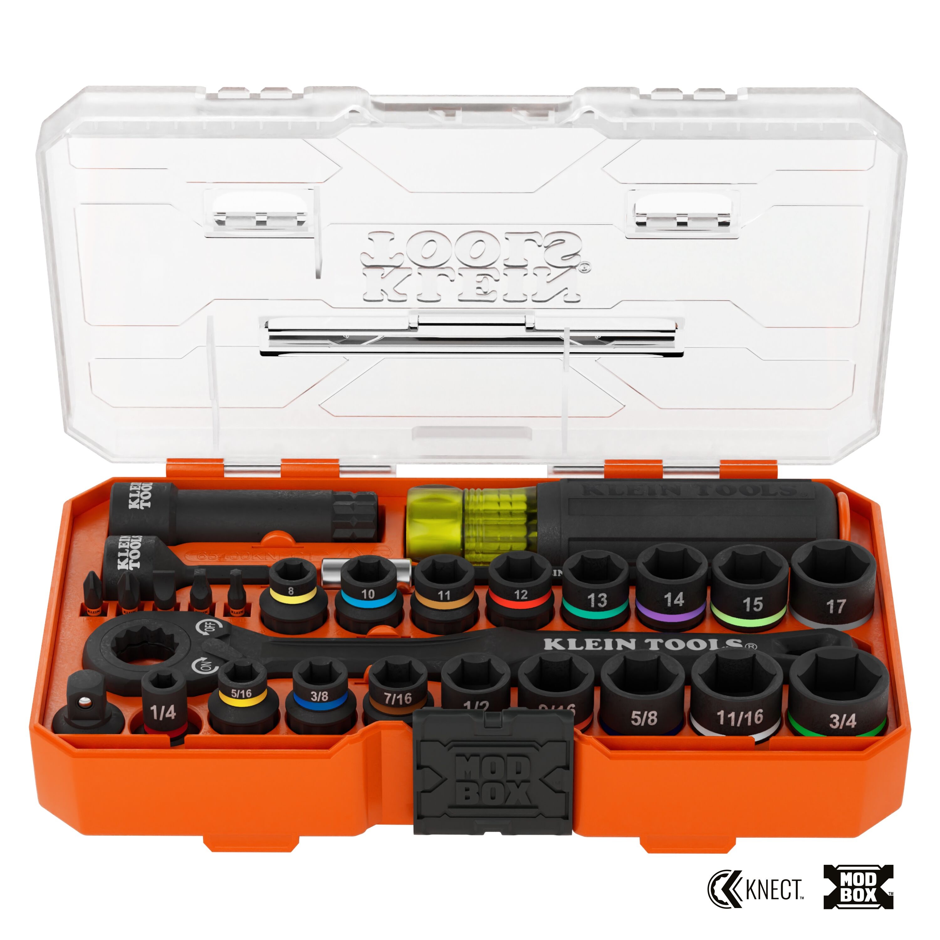 Klein® 65400KNECT Pass Through Socket Set, 6 Points, 3/8 in Drive, 15 Pieces, Hex, Included Socket Size: 1/4 in, 9/32 in, 5/16 in, 11/32 in, 3/8 in, 7/16 in, 1/2 in, 9/16 in, 5/8 in, 11/16 in, 3/4 in, Case Container