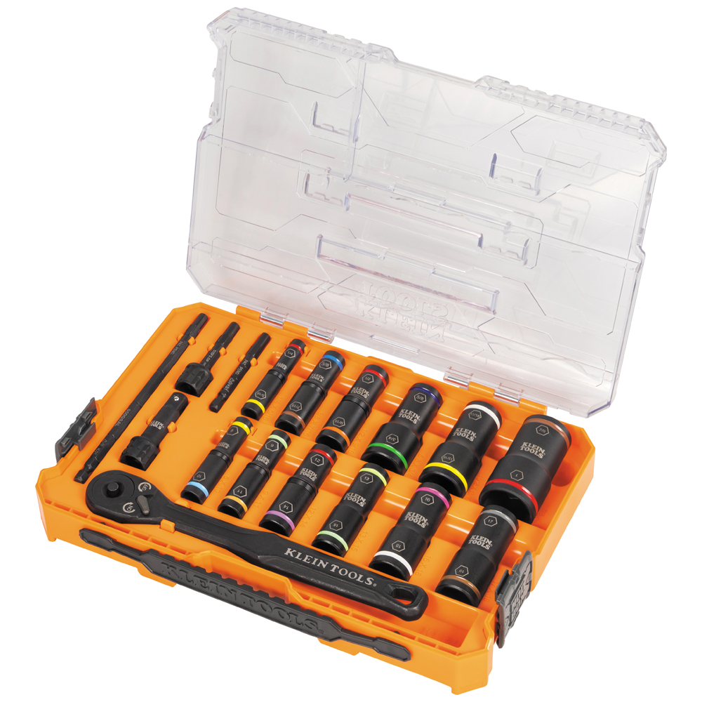 Klein® 65626 Deep Socket Set, 6 Points, 1/4, 3/8 in Drive, 18 Pieces, Hex, Included Socket Size: 1/4 to 1 in, Case Container
