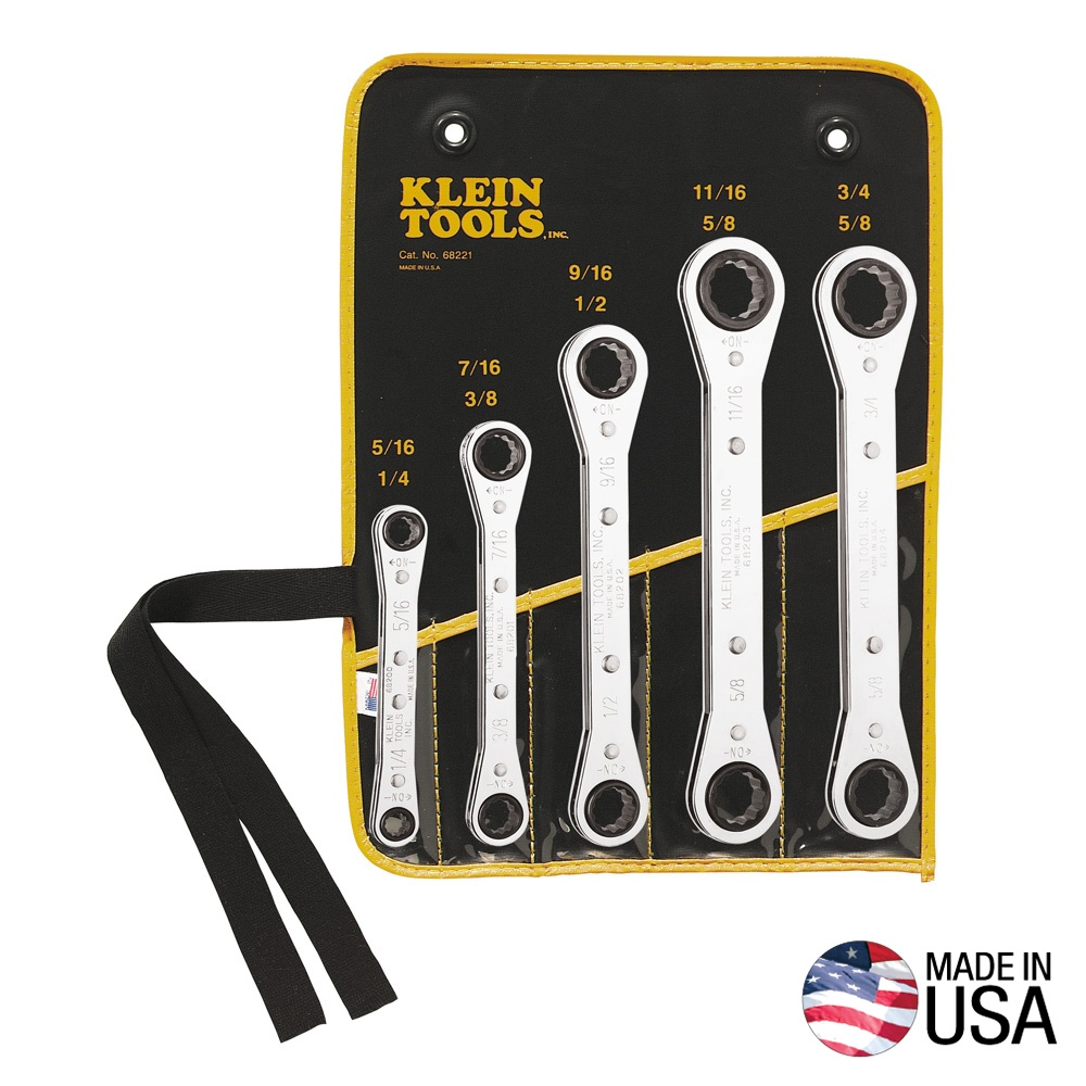 Klein® 68221 Offset Ratcheting Standard Box Wrench Set, 7 Pieces, Polished Chrome