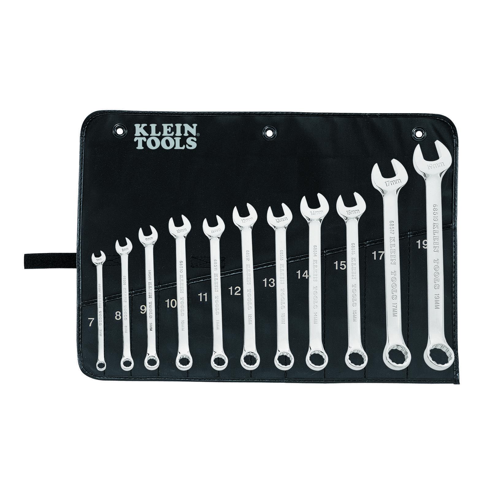 Klein® 68502 Combination Wrench Set, 11 Pieces, 7 to 19 mm, Polished Chrome/Nickel Plated
