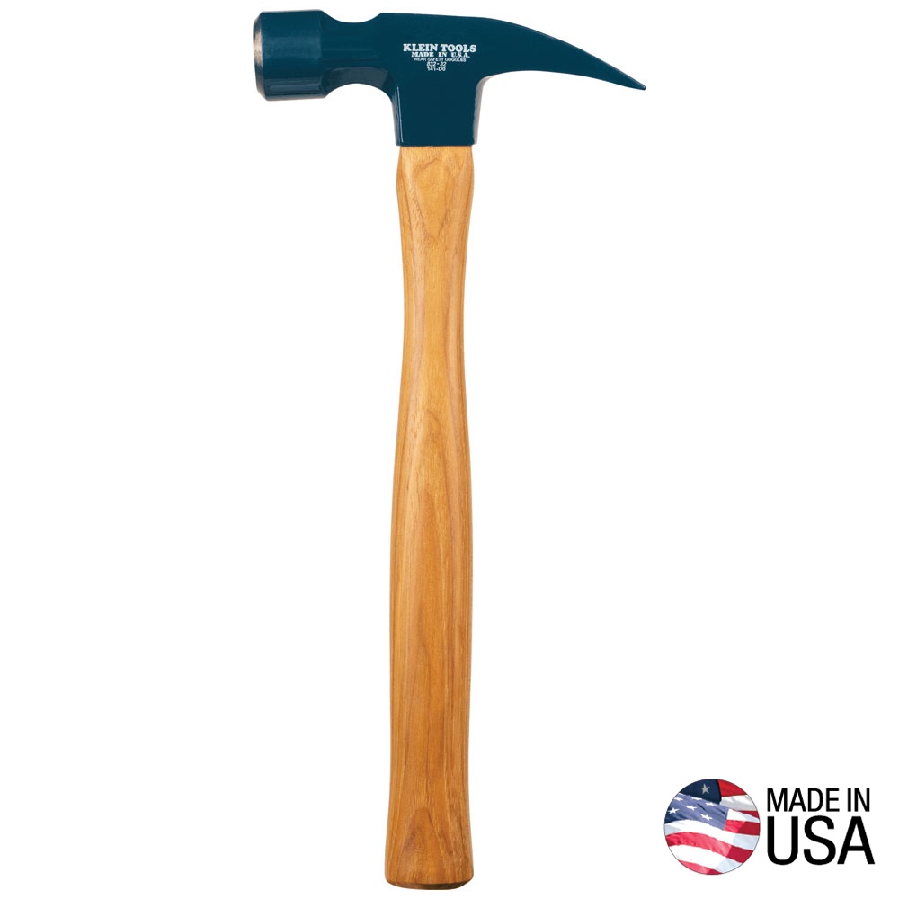 Klein® 832-32 Lineman's Claw Hammer, 15 in OAL, Smooth Face Surface, 32 oz High Carbon Steel Head, Straight Claw, Hickory Wood Handle