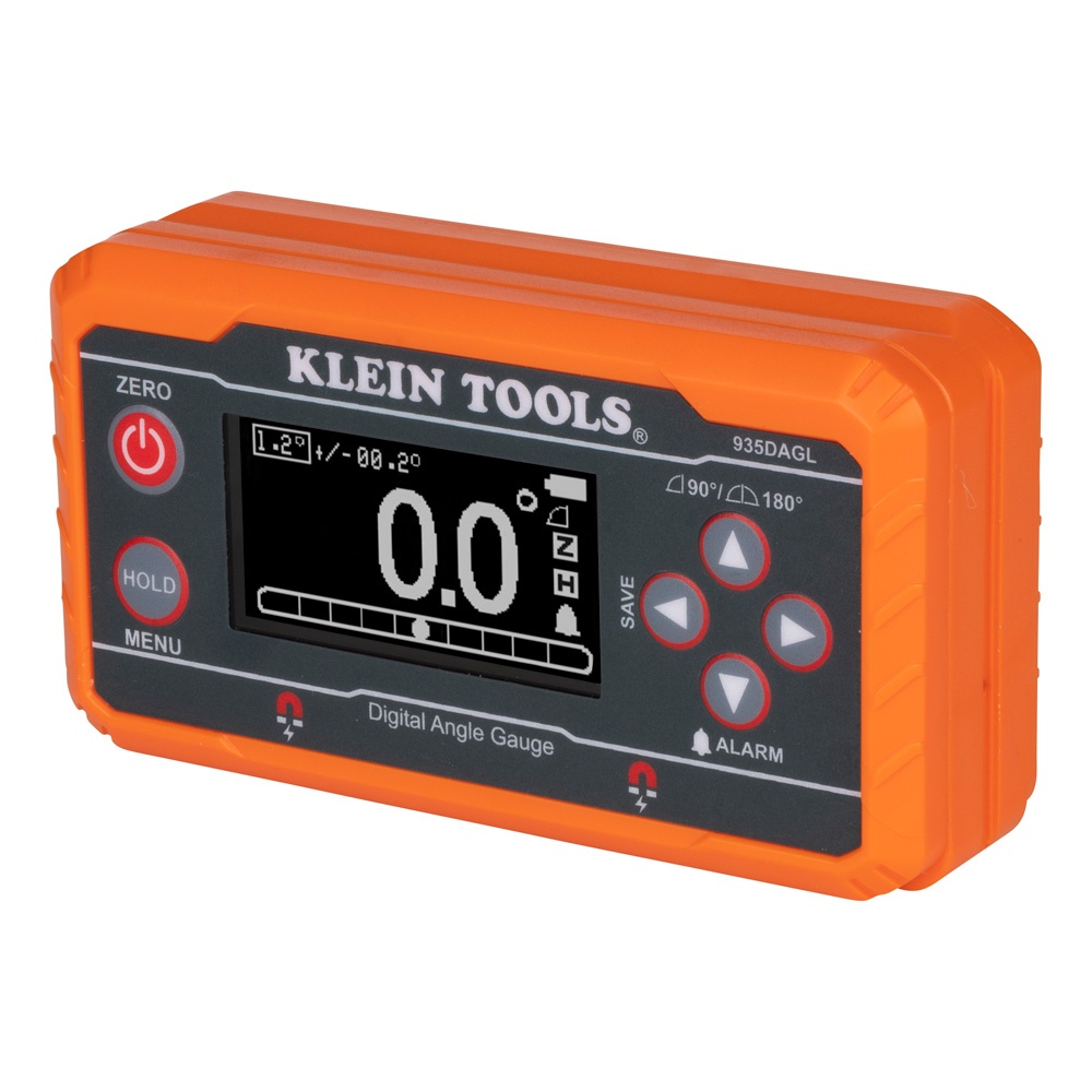 Klein® 935DAGL Digital Level With Programmable Angle, 0 to 90 deg, 0 to 180 deg, Bullseye Measuring, +/-0.2 deg Horizontal/Vertical Orientation, +/-0.5 deg Bullseye Orientation Accuracy, 4.57 in L x 1.36 in W x 2.48 in H, AA Battery, Digital Display