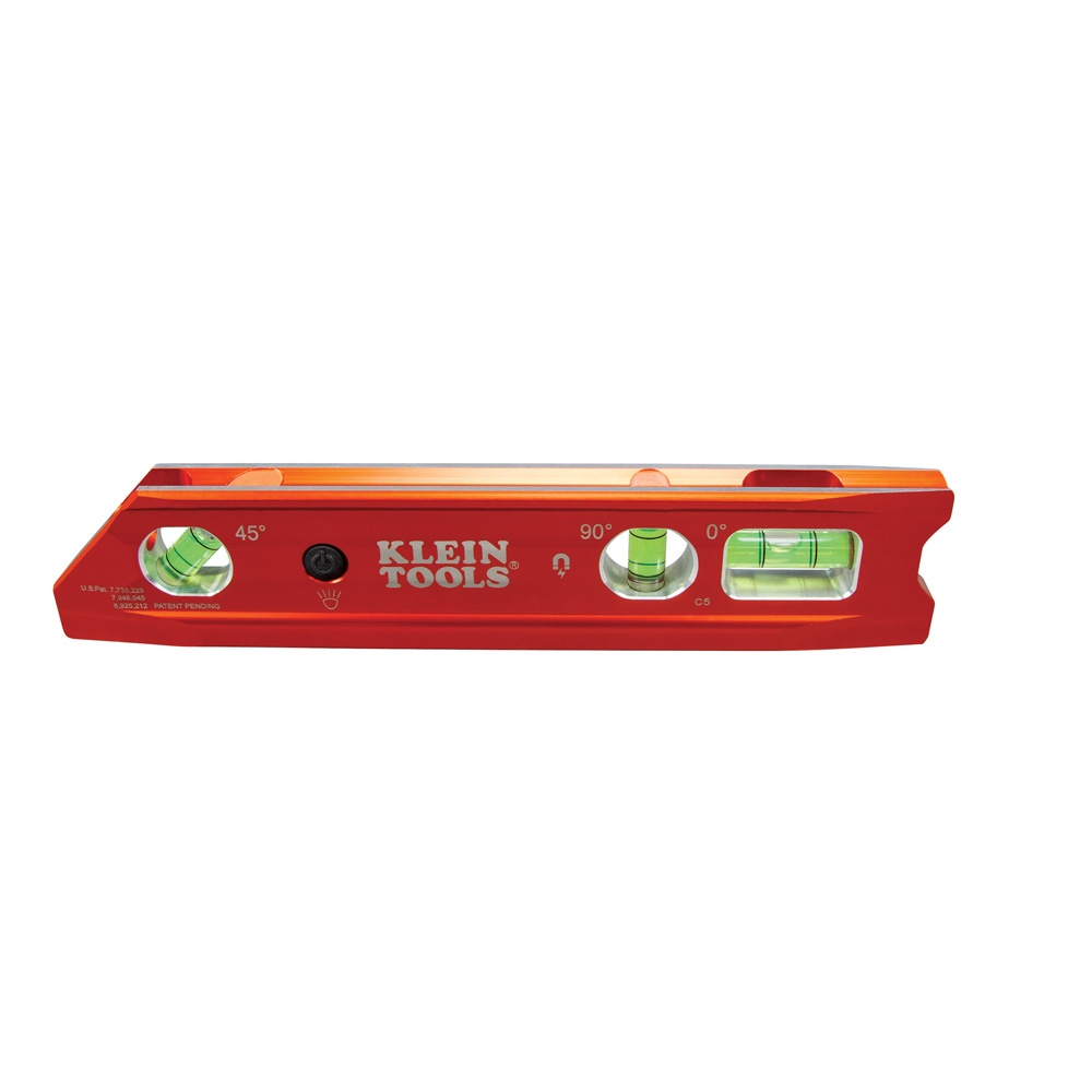 Klein® 935RBLT Lighted Rare Earth Magnet Billet Torpedo Level, 9 in L, 4 Vials, Aluminum, 0/30/45/90 deg Vial Position, 0.1 % Accuracy