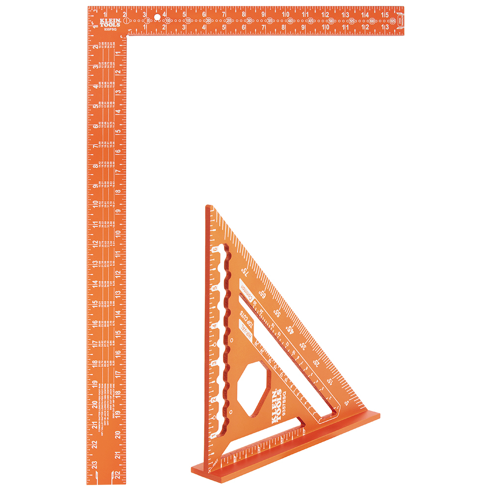 Klein® 935SQVP Rafter and Framing Square Set, 0 to 7 in Rafter, 0 to 24 x 0 to 16 in Framing Square Measuring, Graduation 1/4 in Rafer Square, 1/8, 1/10, 1/12, 1/16 in Framing Square