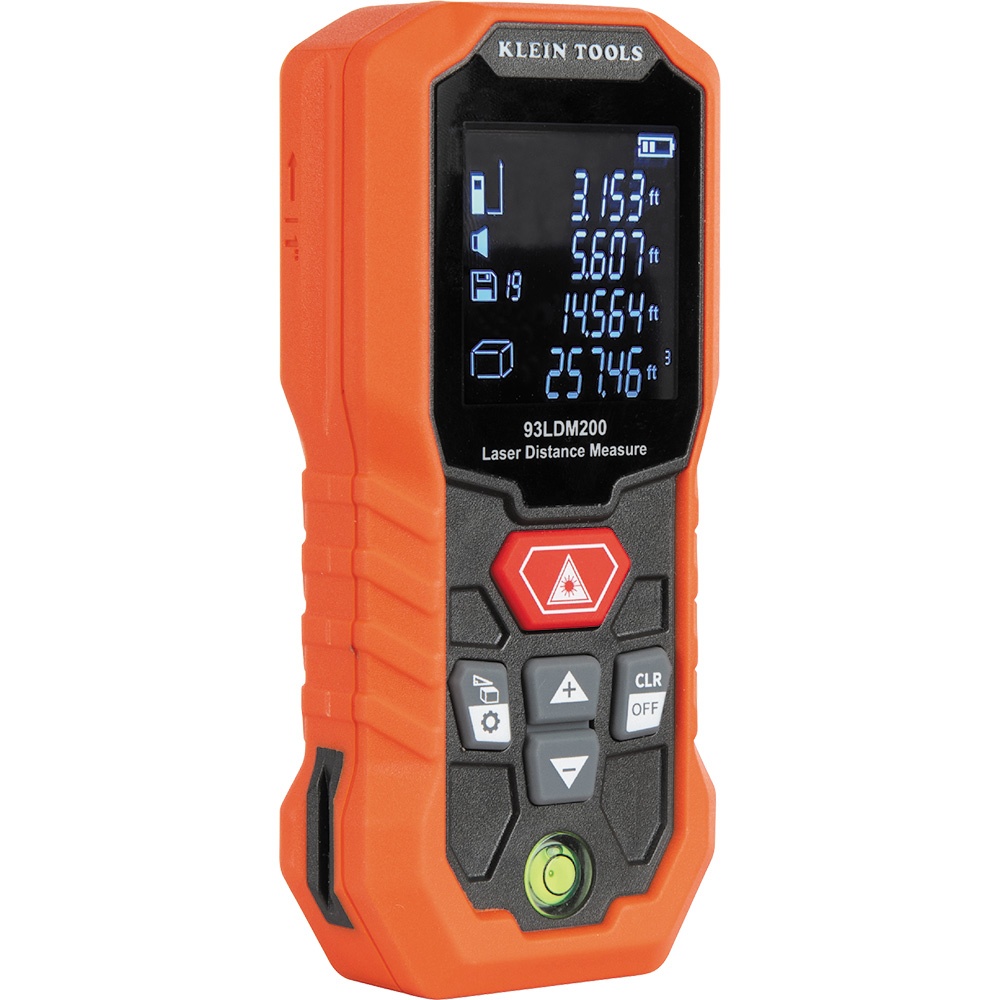Klein® 93LDM200 Laser Distance Measure, ABS/PC/Silicone Rubber, 2 in to 200 ft Measuring, Up to +/-1/16 in at 33 ft, Up to +/-1/8 in at 200 ft Accuracy, Reverse Contrast LCD Display