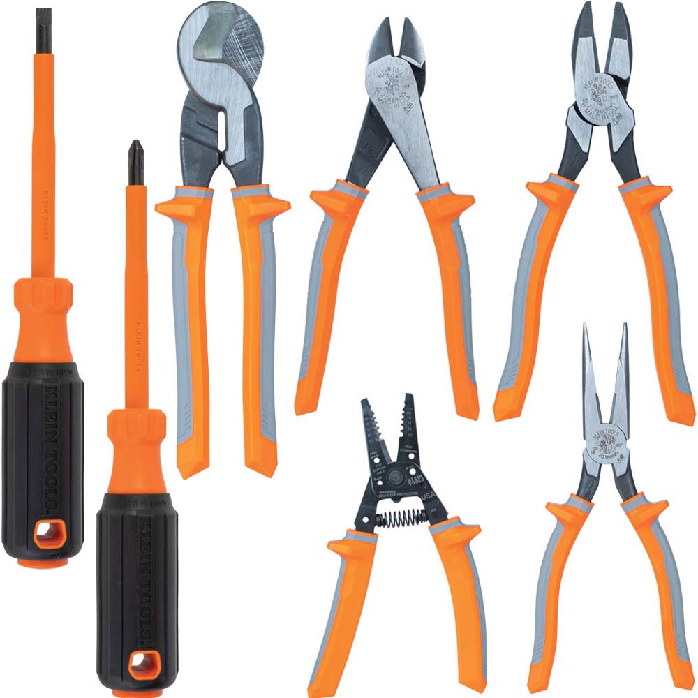 Klein® 9421R Insulated Pliers Set, 7 Pieces, Diagonal/High Leverage Cut, 14 in OAL, ASTM F1505-16, IEC 60900