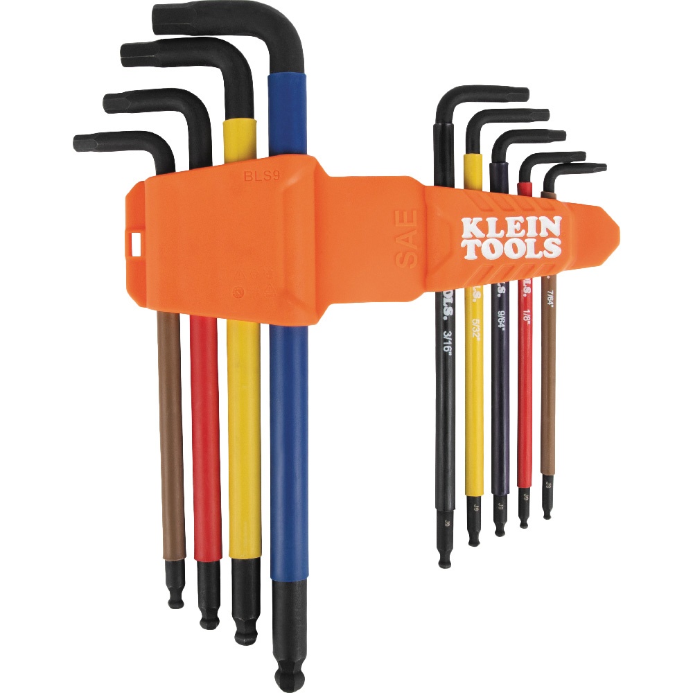 Klein® BLS9 Extra Long Hex Key, 9 Pieces, 7/64, 1/8, 9/64, 5/32, 3/16, 7/32, 1/4, 5/16, 3/8 in Hex, Steel, Black Phosphate