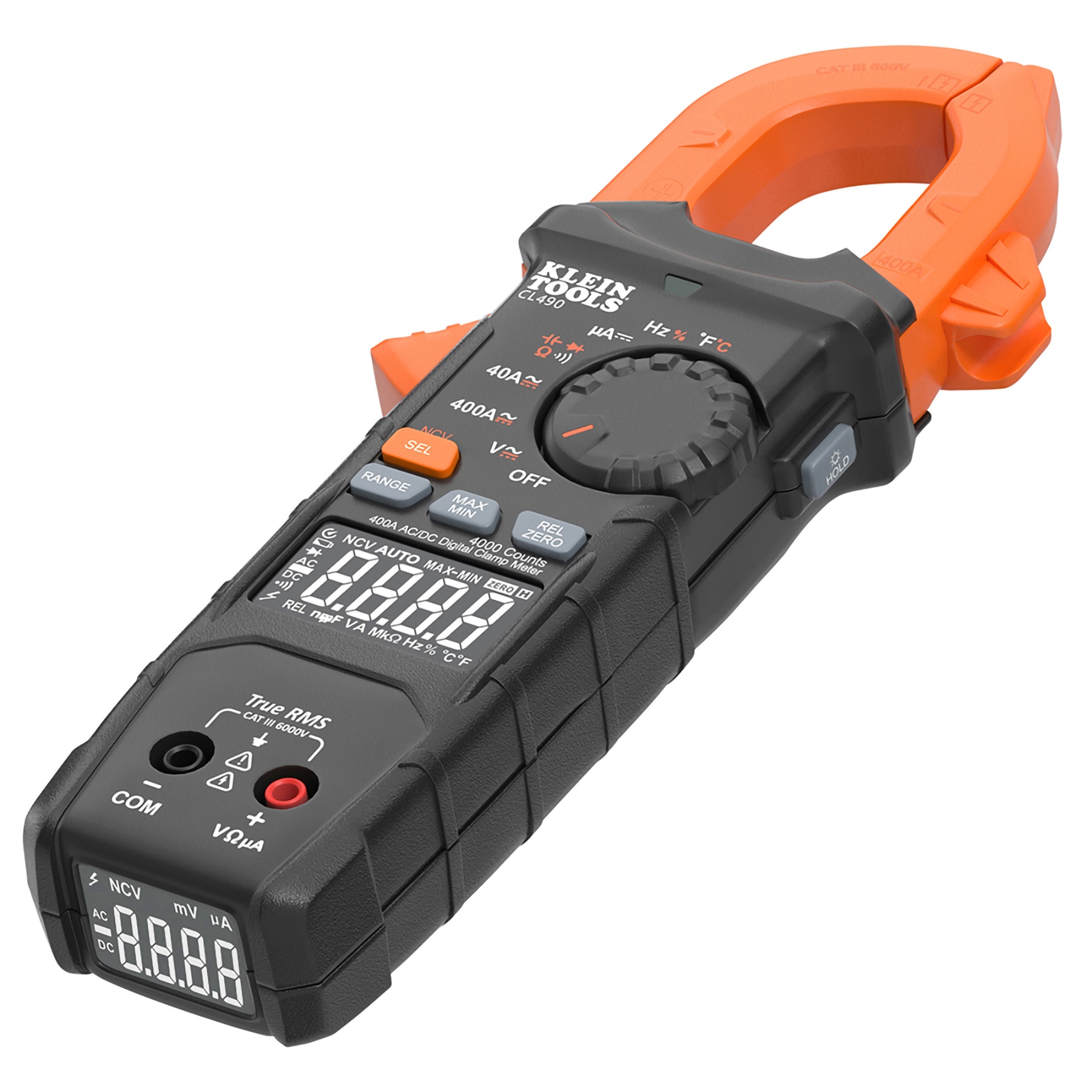 Klein® CL490 Clamp Meter, 400 A at 600 V AC/DC, 40 mOhm, 10 Hz to 60 kHz, 1.6 in Jaw, Digital Display