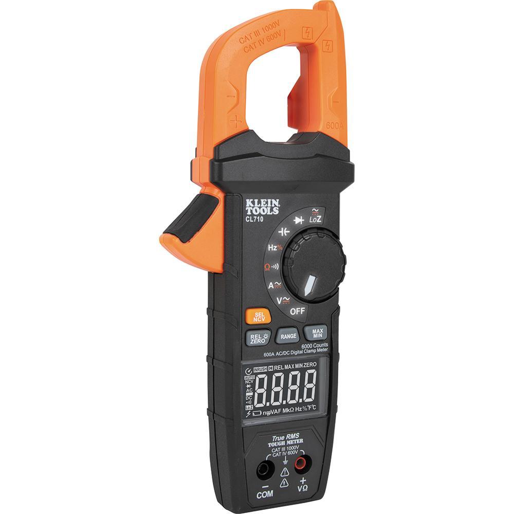 Klein® CL710 Auto-Ranging Digital Pro Clamp Meter, 1000 V AC/DC, 600 A, 60 mOhm, 1 Hz to 500 kHz, 1.4 in Jaw, Reverse Contrast LCD Display