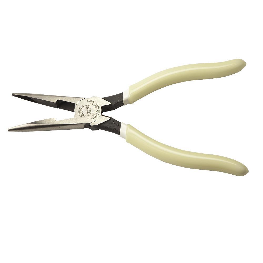Klein® D203-8-GLW High Visibility Side Cutting Long Nose Plier, Knurled Steel Jaw, 2.313 in L x 1 in W Jaw, 8.438 in OAL