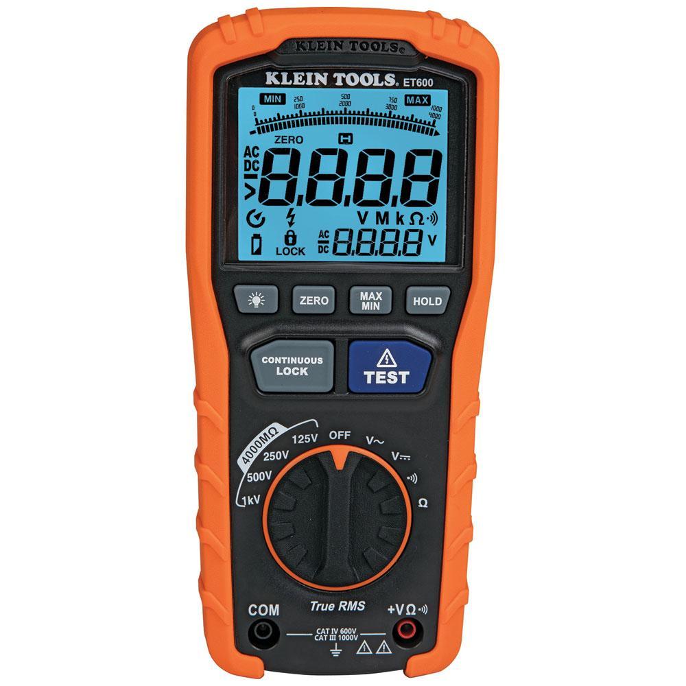 Klein® ET600 Digital Insulation Resistance Tester, 1000 V AC/DC, 4000 Count LCD Display, CAT IV 600 V/CAT III 1000 V