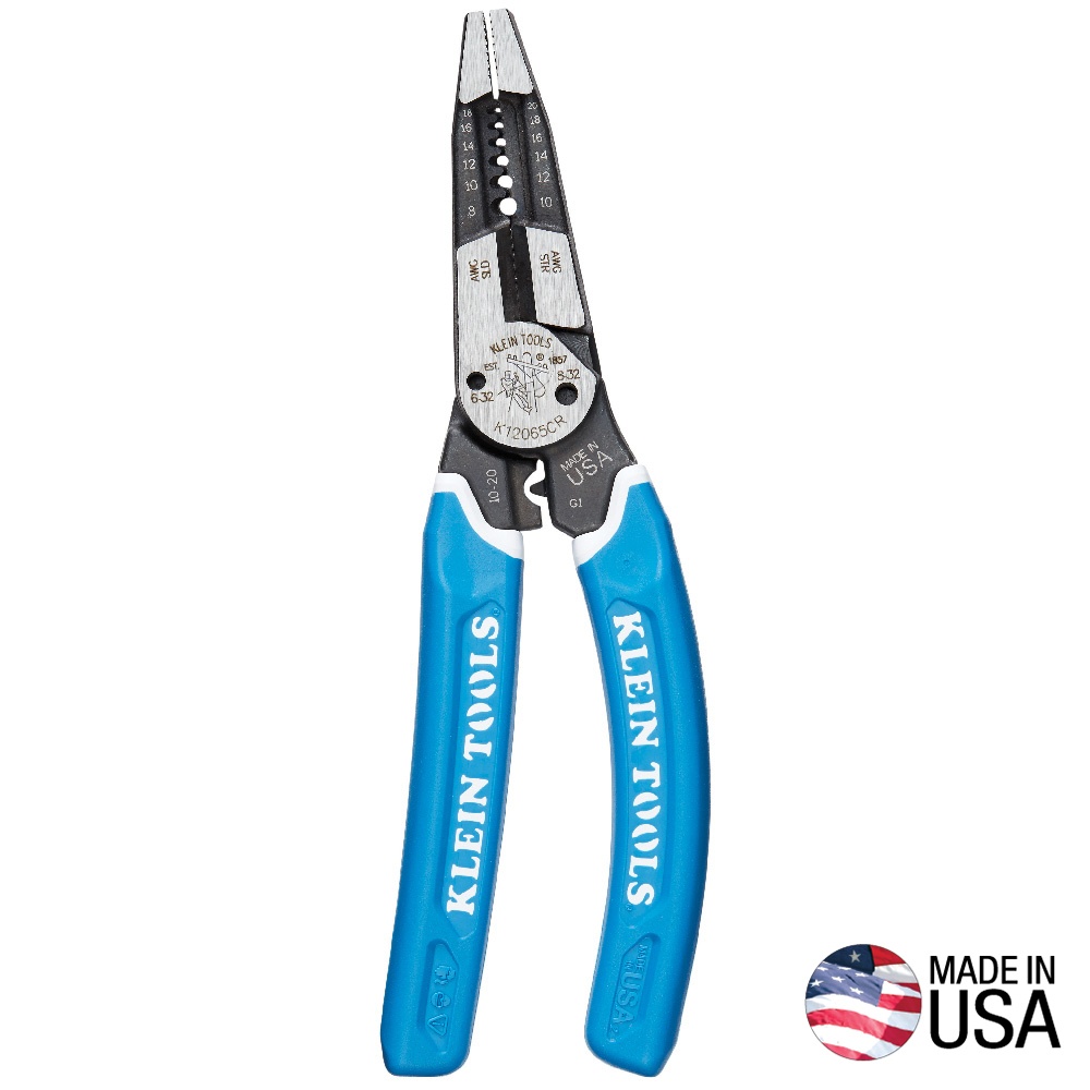Klein® Klein-Kurve® K12065CR Heavy Duty Wire Stripper/Cutter/Crimper Multi-Tool With (6) Stripping Holes, 18 to 8 AWG, 20 to 10 AWG, 8.3 in OAL, 32 to 6 AWG, 32 to 8 AWG Shearing, Forged Steel Body