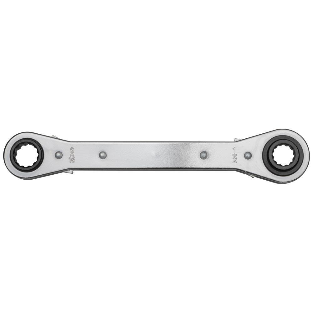 Klein® KT223X4 Lineman's 4-in-1 Combination Ratcheting Box Wrench, 1/2 to 3/4 in Wrench, 12 Points, 9 in OAL, Polished Chrome