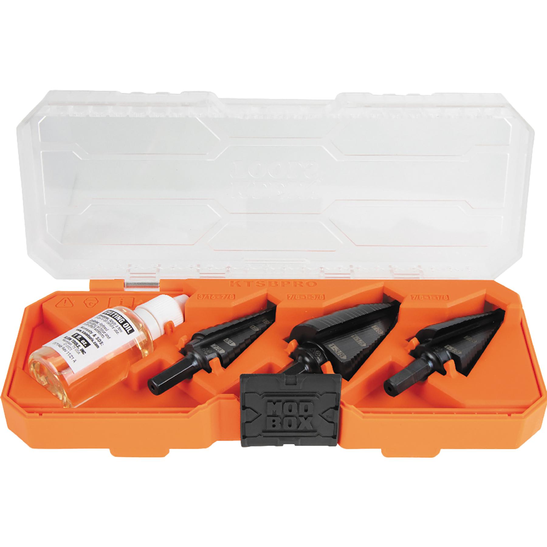 Klein® KTSBSPRO Step Bit Set, 3/16 in Dia Min Hole, 1-3/8 in Dia Max Hole, 12, 2, 3 Hole Sizes, 3/8 in Shank