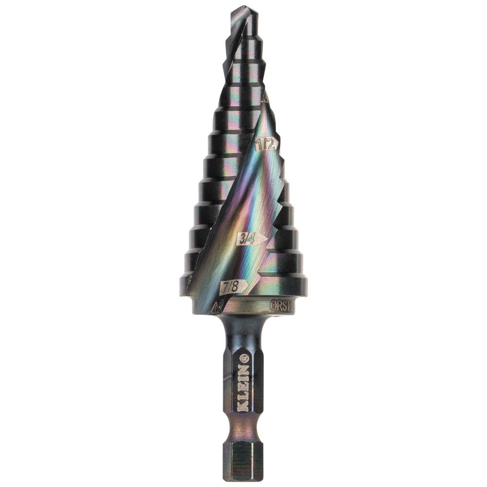 Klein® QRST14 Quick Release Step Drill Bit, 3/16 in Dia Min Hole, 7/8 in Dia Max Hole, 12 Steps, 12 Hole Sizes, 1/4 in Shank