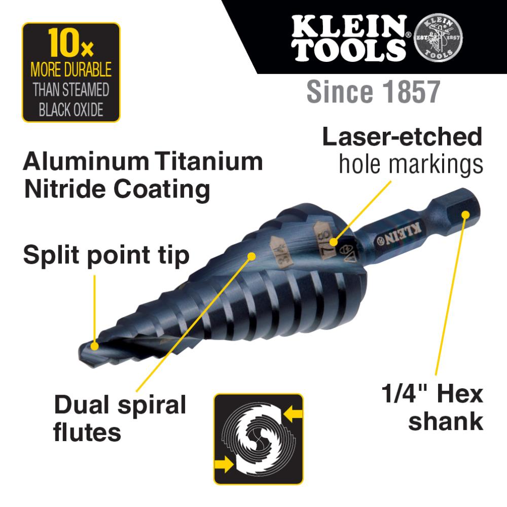 Klein® QRST3PC Step Bit Kit, 1/8 to 1/2 in Min Drill Bit, 3/16 to 7/8 in Max Drill Bit, 3 Pieces, HSS, Oxide Treated