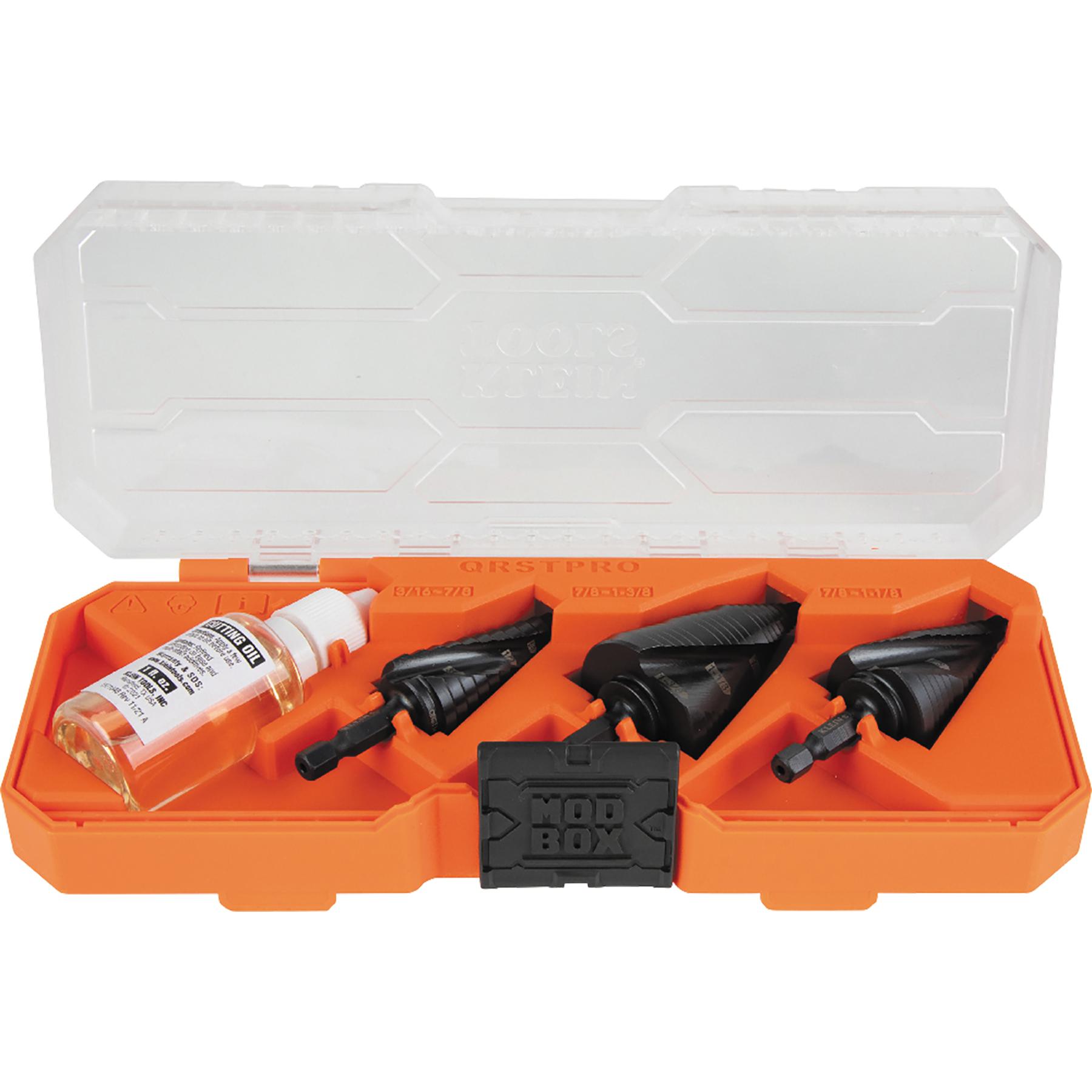 Klein® QRSTSPRO Quick Release Step Bit Set, 3/16 in Dia Min Hole, 1-3/8 in Dia Max Hole, 12, 2, 3 Hole Sizes, 1/4 in Shank