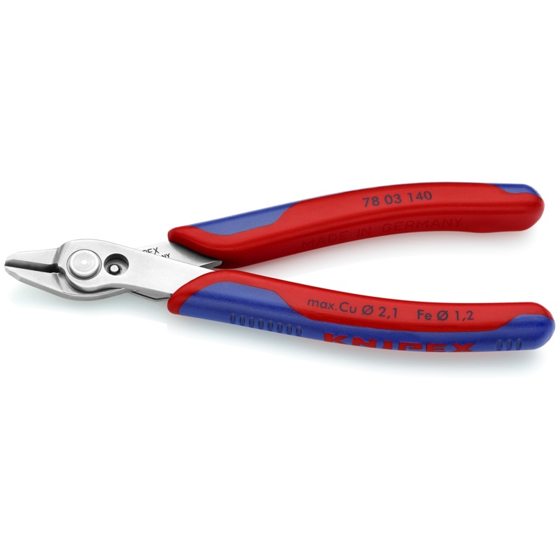 Knipex® 78 03 140 SBA 78 03 Electronics Cutting Plier, 1.2 mm Dia Medium Hard, 0.2 to 2.1 mm Dia Soft Nominal, Stainless Steel, 140 mm OAL, Flush Cut