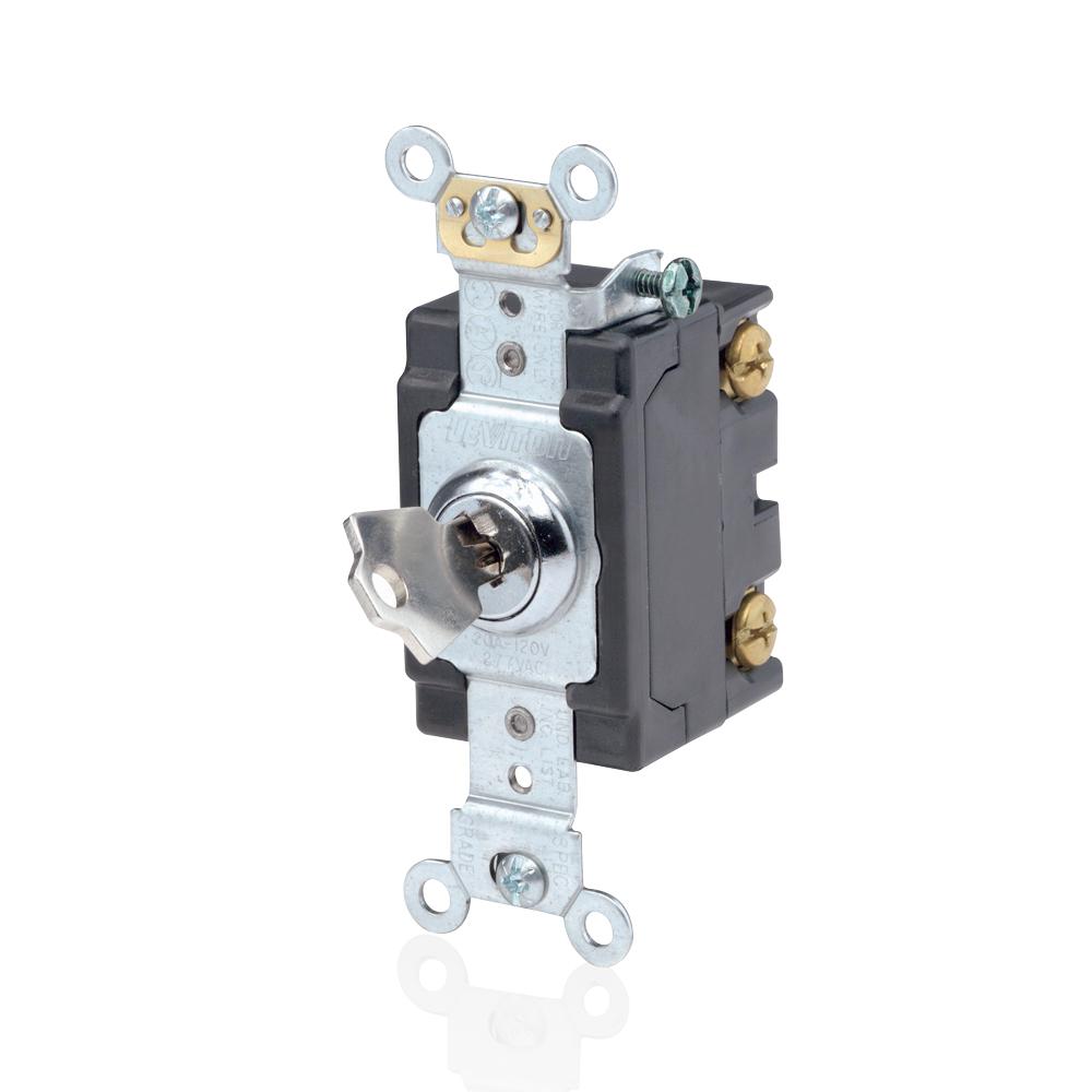 Leviton® 1222-2KL AC Quiet Extra Heavy Duty Specification Grade Barrel Self-Grounding Locking Switch, 120/277 V AC, 20 A, 1 hp, 2 hp Power Rating