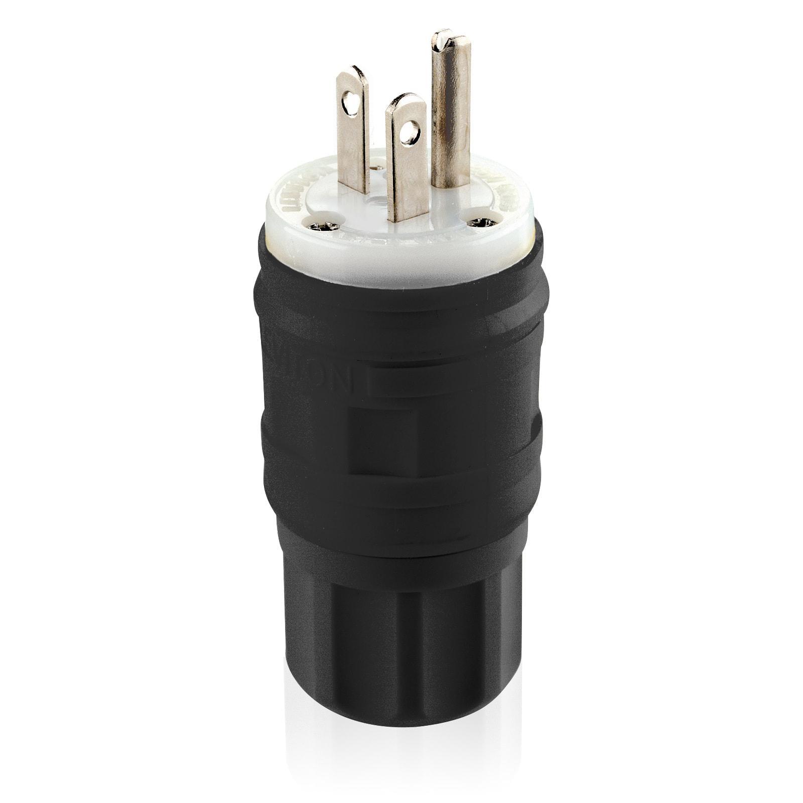 Leviton® Wetguard® 14W33-B Grounding Straight Blade Plug, 125 V AC, 20 A, 2 Poles, 3 Wires, Black