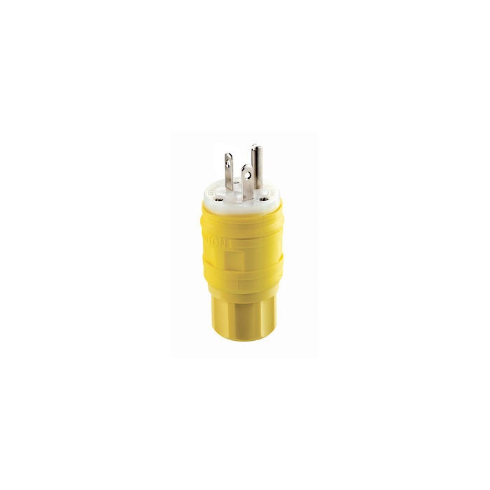 Leviton® 14W33 1-Phase Cable Mount Grounding Watertight Straight Blade Plug, 125 V AC, 20 A, 2 Poles, 3 Wires, Yellow