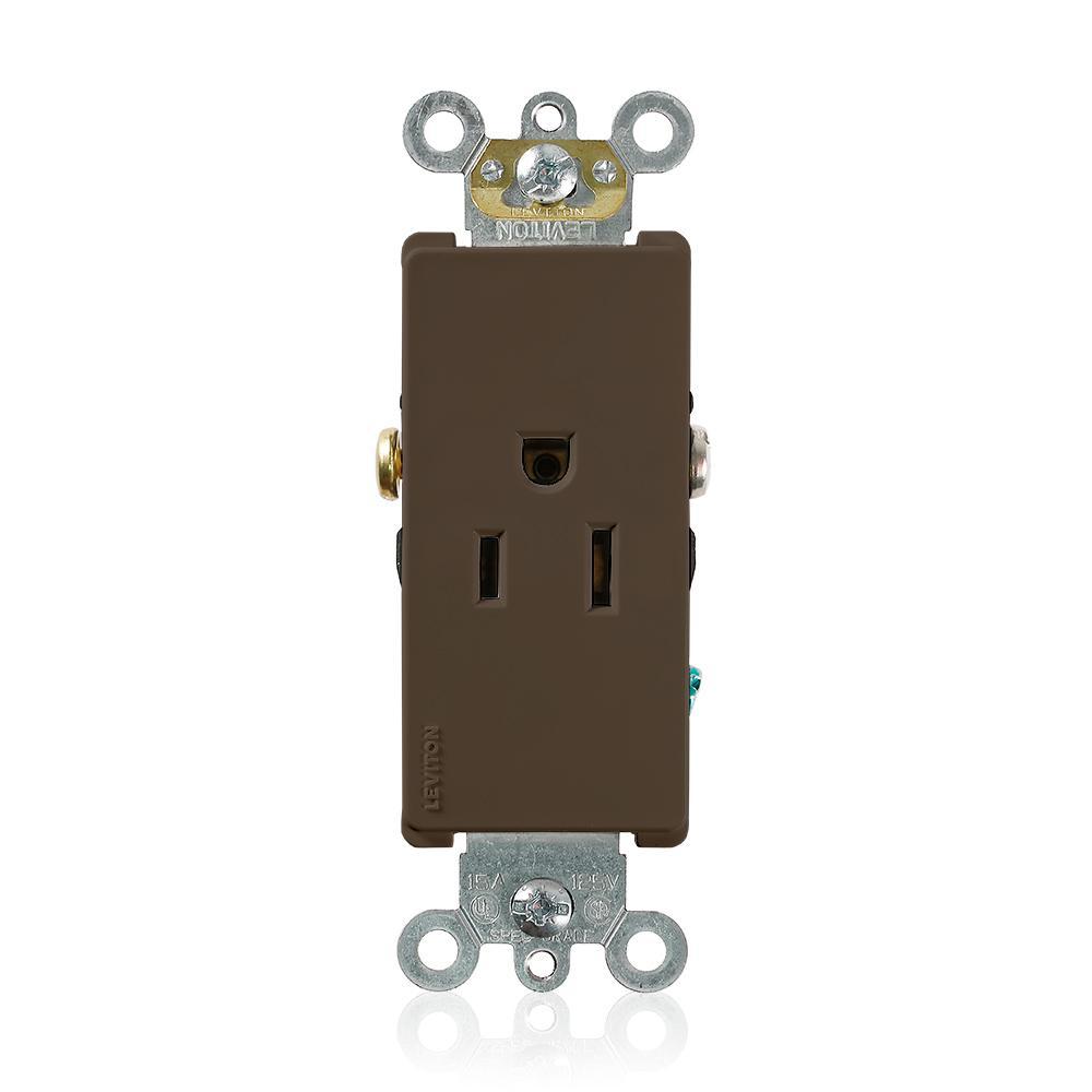Leviton® 16251 1-Phase Heavy Duty Self-Grounding Single Straight Blade Receptacle, 125 V AC, 15 A, 2 Poles, 3 Wires, Brown