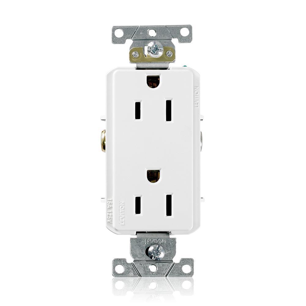 Leviton® 16252-W Heavy Duty Self Grounding Duplex Receptacle, 125 V AC, 15 A, 2 Poles, 3 Wires, White