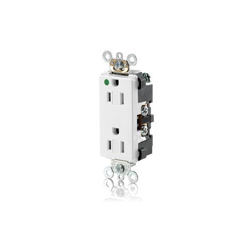 Leviton® 16262-SGW 1-Phase Duplex Extra Heavy Duty Self-Grounding Tamper Resistant Straight Blade Receptacle, 125 V AC, 15 A, 2 Poles, 3 Wires, White