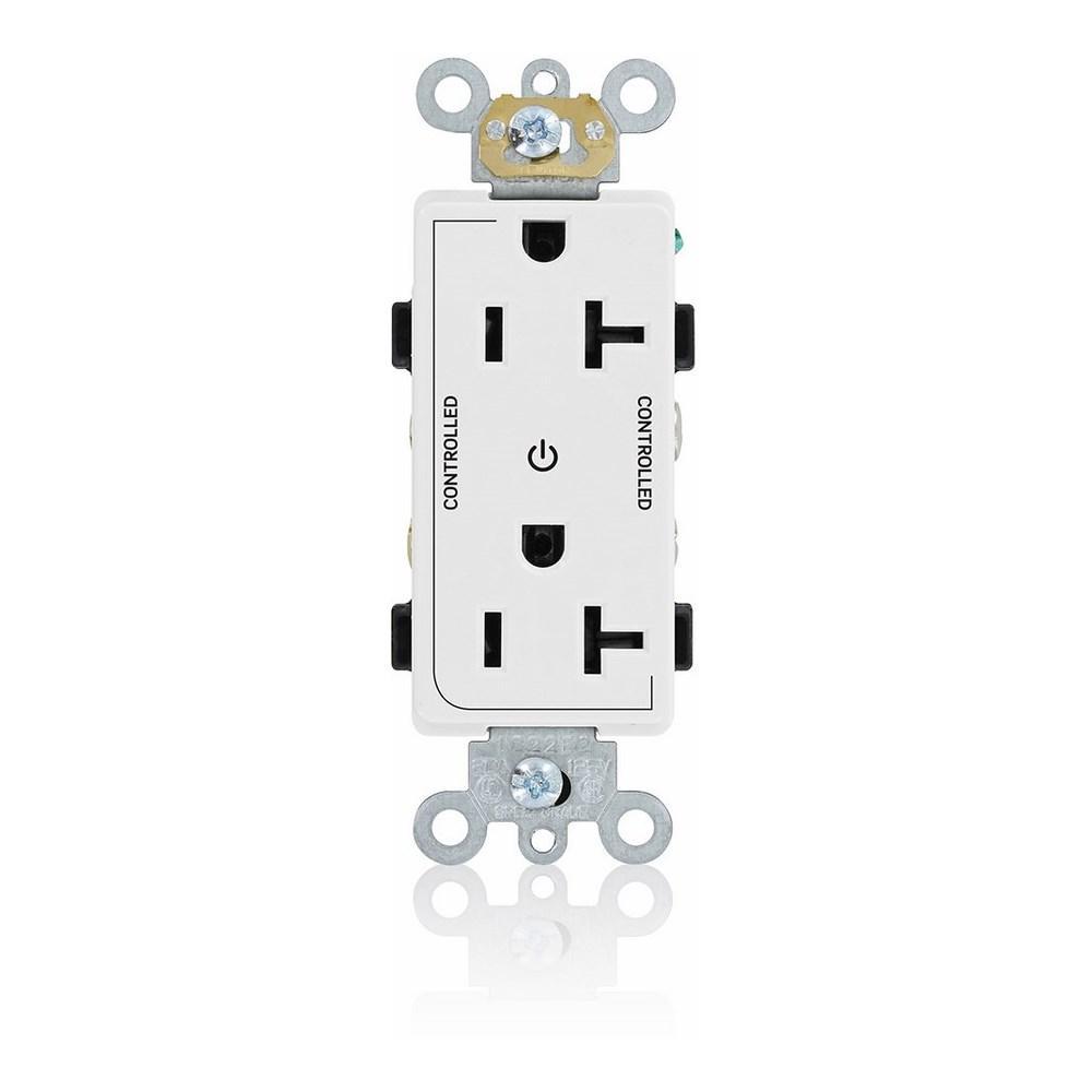 Decora® Plus 16352-2PW Heavy Duty Self Grounding Straight Blade Duplex Receptacle With 2 Plug Controlled Markings, 125 V AC, 20 A, 2 Poles, 3 Wires, White