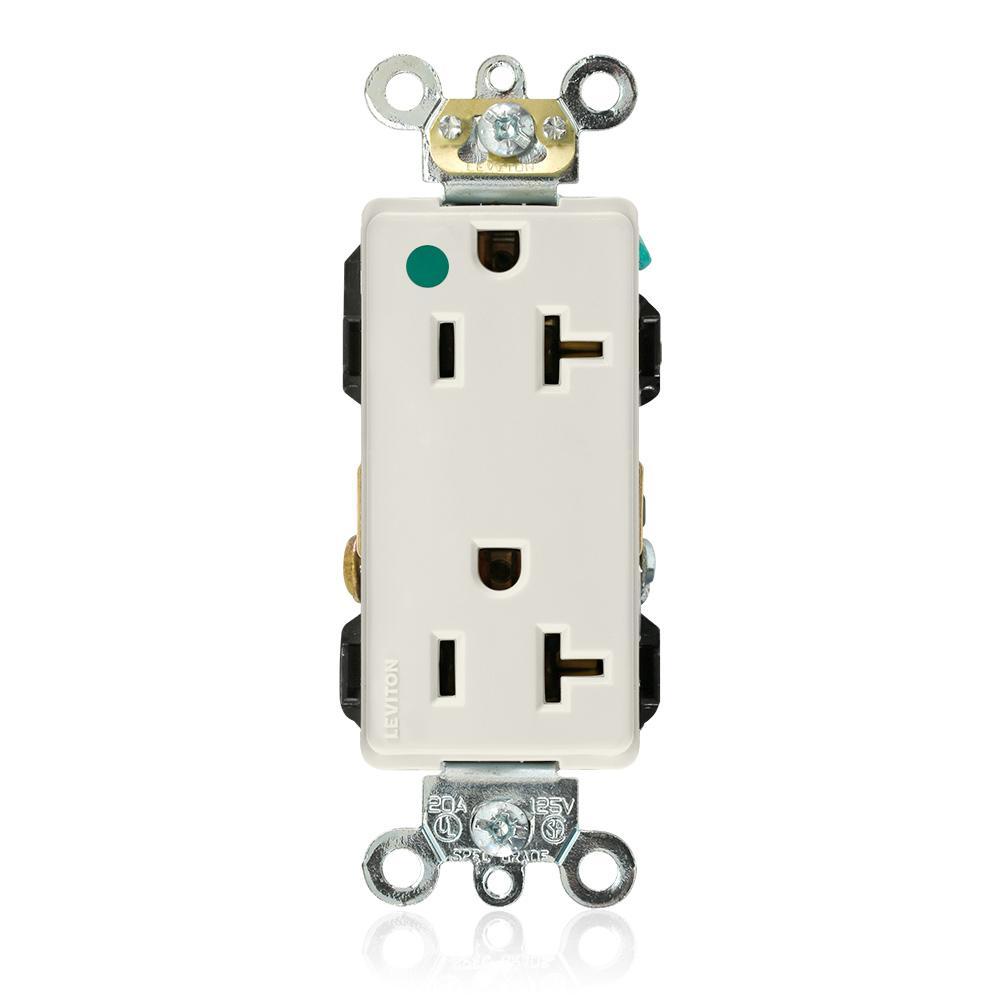 Leviton® Decora® Plus 16362-HGT 1-Phase Duplex Extra Heavy Duty Self-Grounding Straight Blade Receptacle, 125 V AC, 20 A, 2 Poles, 3 Wires, Light Almond