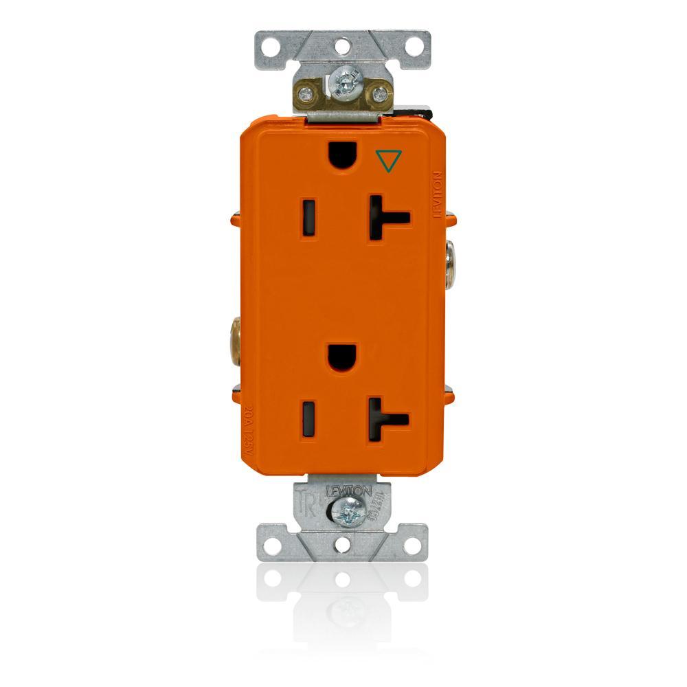 Leviton® Decora® Plus 16362-OIG 16362-IG Duplex Heavy Duty Isolated Self-Grounding Smooth Face Straight Blade Receptacle, 125 V AC, 20 A, 2 Poles, 3 Wires, Orange