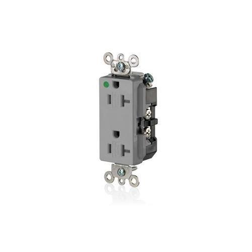 Leviton® Decora® Plus 16362-SGG 1-Phase Duplex Extra Heavy Duty Self-Grounding Tamper Resistant Straight Blade Receptacle, 125 V AC, 20 A, 2 Poles, 3 Wires, Gray