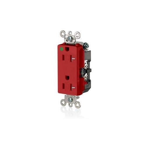 Leviton® Decora® Plus 16362-SGR 1-Phase Duplex Extra Heavy Duty Self-Grounding Tamper Resistant Straight Blade Receptacle, 125 V AC, 20 A, 2 Poles, 3 Wires, Red
